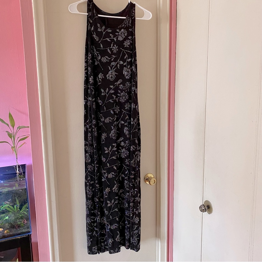 Vintage All That Jazz Black Slinky Maxi Dress with Glitter Flowers - Picture 3 of 7